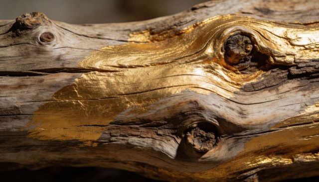 Gilding weathered driftwood with shimmering gold leaf on knots and grain
