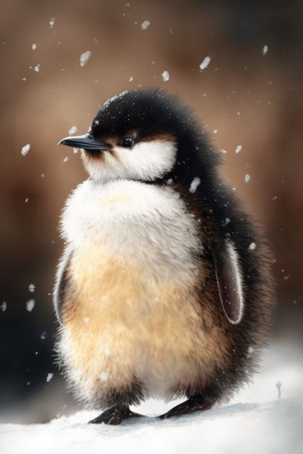 Image features a fluffy penguin chick standing in falling snow. The soft feathers create an adorable, warm look, perfect for usage in educational materials, winter-themed advertisements, children's books, and wildlife conservation campaigns.