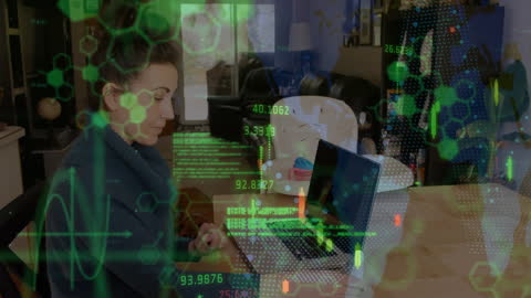 Woman Analyzing Data at Home with Holographic Financial Interface