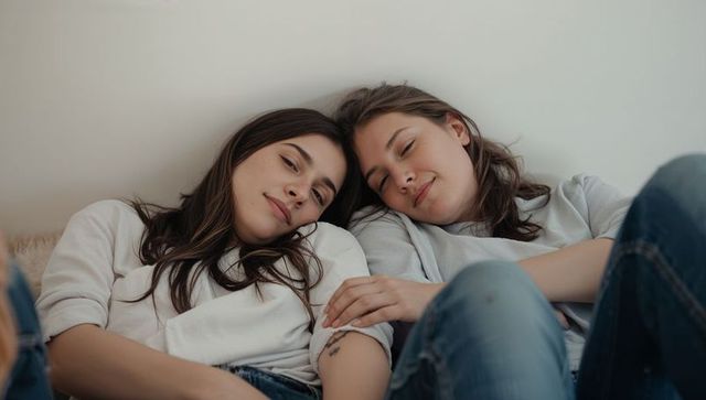 Intimate moment of two young women resting together on couch wearing denim and white tees