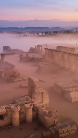 Vertical drone scanning ancient ruins through dawn mist with visitors walking