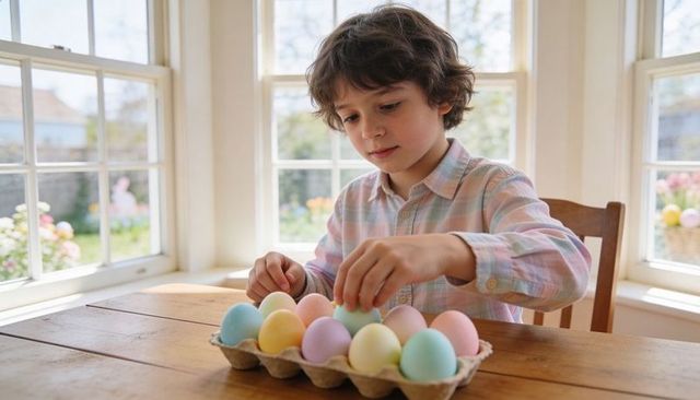 Child arranging pastel easter eggs at sunlit bay window for family lifestyle use