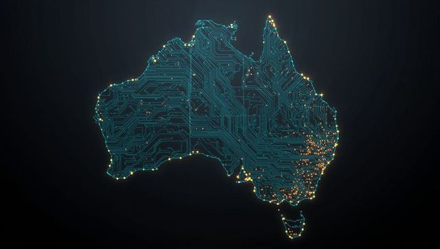 Digital circuit map of australia, glowing connections on dark background