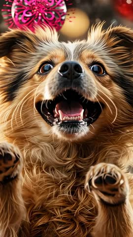 Vertical video lunging fluffy dog reaching, trying to catch bright pink ornament at home