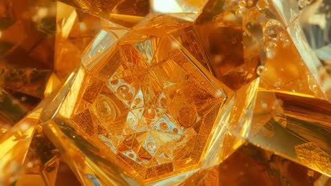 Rotating Golden Crystal with Shimmering Facets and Droplets