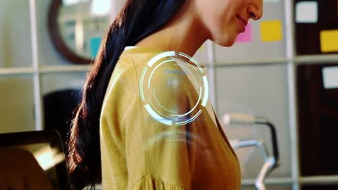 Smiling Female Executive in Modern Office with Digital Overlay