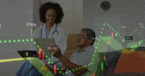 Doctor and Patient with Financial Data Overlays