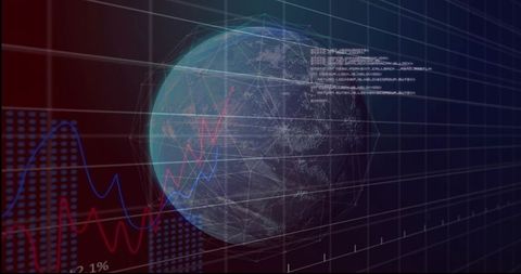 Holographic Rotating Globe with Live Data Graphs and Wireframe Network Dashboard