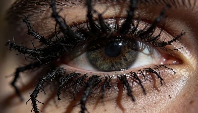 Macro hazel eye with clumpy black mascara and textured skin showing lashes and tear film