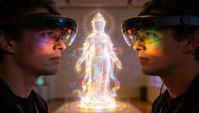 Two men wearing mixed reality headsets viewing glowing bodhisattva hologram exhibit