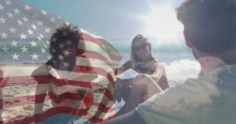 Friends enjoying sunny beach with american flag overlay celebrating fourth of july vibes