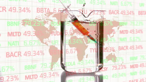 Syringe in Lab Glass Overlayed with Financial Data and World Map