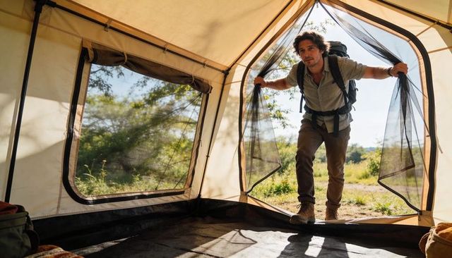 Backpacker stepping into canvas tent pulling mesh door aside at sunlit campsite