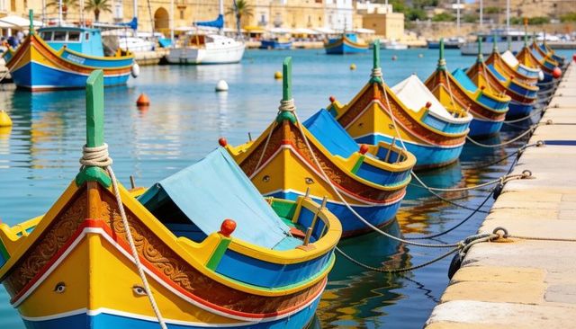 Colorful maltese luzzu boats lining sunny harbor pier with painted prows and reflections