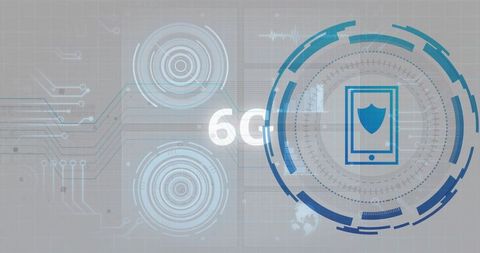 Displaying 6g network interface showing smartphone shield icon with futuristic hud overlay