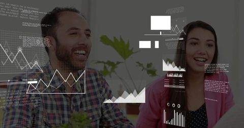 Colleagues discussing data analytics with interactive charts in office