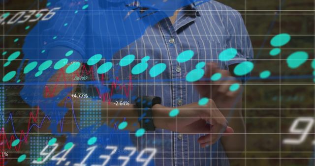 An educated individual examines dynamic stock market data while pointing at digital charts and graphs. Green digital displays show rising and falling trends, signifying market dynamics. Useful for financial reports, technology advertisements, investment literature, stock market analysis, and economic trend discussions.