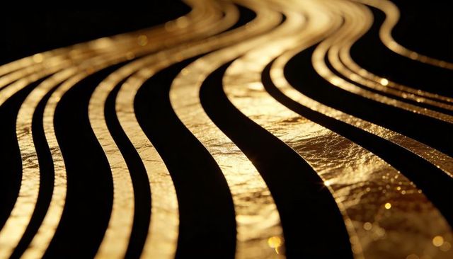 Glinting gold bands undulating in diagonal waves on dark background with bokeh and metallic shine