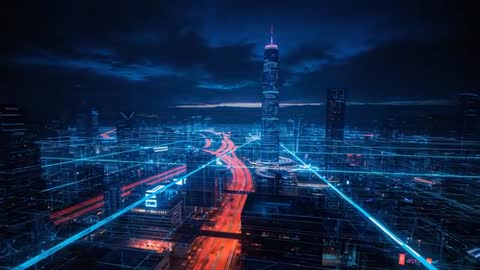 Futuristic Metropolis with Neon Grid and Light Trails at Dusk