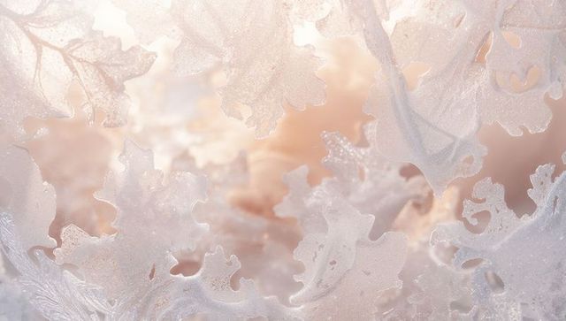 Lacy hoarfrost forming on glass with warm peach backlight, macro crystalline texture
