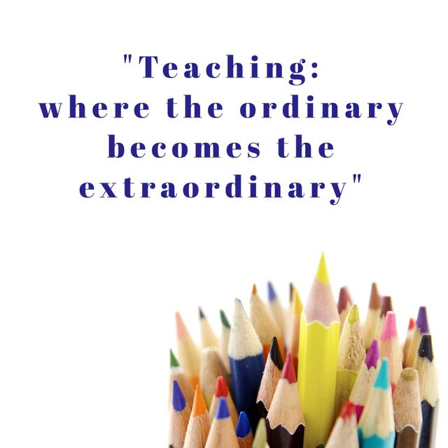 This image highlights a motivational quote about teaching with a background of colorful, sharpened pencils. It is perfect for using in educational settings, such as classrooms or teacher training presentations, to inspire and motivate educators. The vibrant pencils symbolize creativity and the transformative impact of education, making it ideal for back-to-school campaigns, teacher blogs, or social media content.