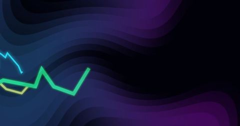 Pulsating neon zigzag lines cutting dark layered gradient waves with ample copy space