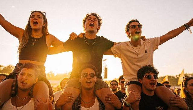 Young friends on shoulders cheering at sunset music festival crowd celebrating together