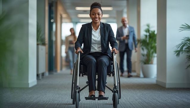 Confident Businesswoman Navigating Office in Wheelchair