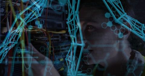 Female technician checking server rack with holographic AR wireframe overlay