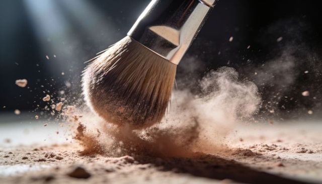 Fluffy makeup brush kicking up bronze powder macro close-up with dramatic studio lighting