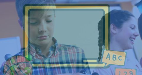 schoolchildren engaged in classroom activities, with digital educational icons overlaying image. great for educational content, digital learning platforms, or promotional materials related to children's education. represents modern and engaging learning environments, focusing on primary school level education.