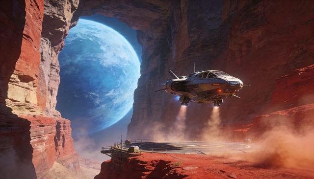Hovering futuristic shuttle over canyon helipad with distant blue planet and dust plumes