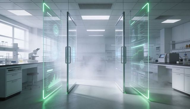 Futuristic laboratory doors projecting neon green holographic data panels and fog