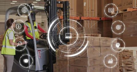 Two women operating forklift in warehouse with digital hud for logistics management