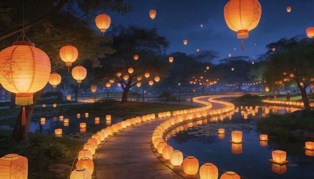 Lantern-Lit Winding Garden Path Over Reflective Pond at Night with Floating Lanterns