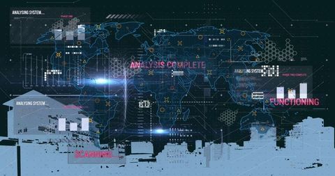 Global Data Processing in Digital Interface with City Silhouette