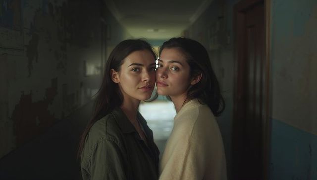 Backlit intimate portrait of two women embracing in moody peeling-wall hallway