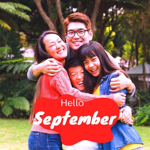 Happy Family Greeting September in Garden Embrace