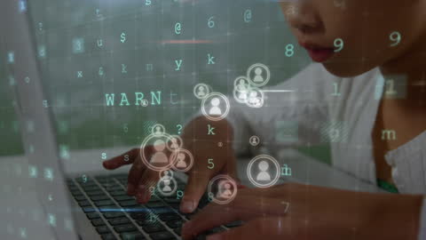 Asian Girl Typing with Cybersecurity Theme Overlay