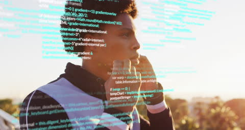 Man Jogging with Code Overlay Symbolizing Data Processing