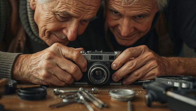 Senior men repairing vintage rangefinder camera on workbench restoring analog camera
