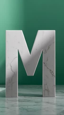 Vertical marble letter M with sweeping light and fading shadow for luxury minimal motion