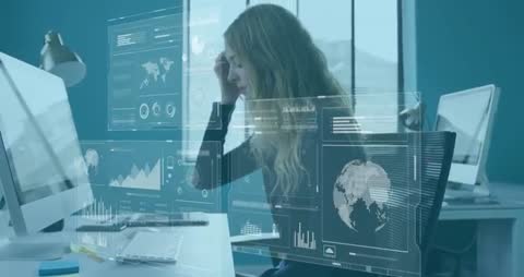 Focused Businesswoman Interacting with Futuristic Digital Analytics