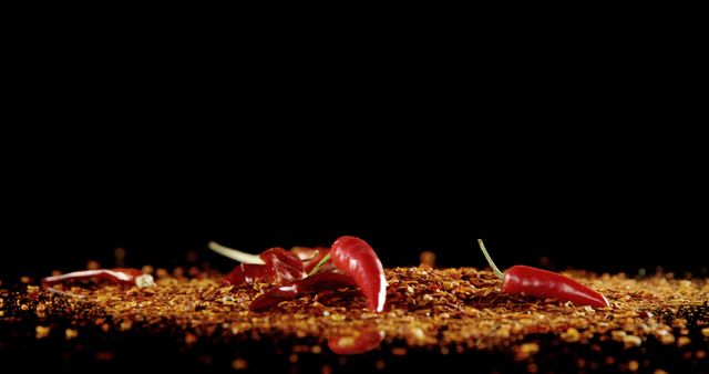 Red chili peppers lie on ground spices against a black background. Ideal for culinary blogs, food packaging, restaurant menus, or any resource highlighting the essence of spicy and flavorful dishes.