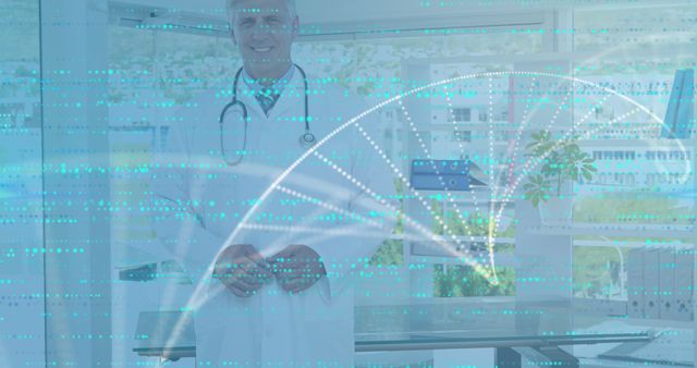 This image shows a doctor in a lab coat behind a double exposure of digital and futuristic graphics. The modern environment and technological overlay give the impression of advanced medical data analysis and scientific research. Suitable for illustrating themes of medical innovation, healthcare technology, and scientific advancements. It can be used for healthcare websites, medical tech articles, and promotional materials for medical research.