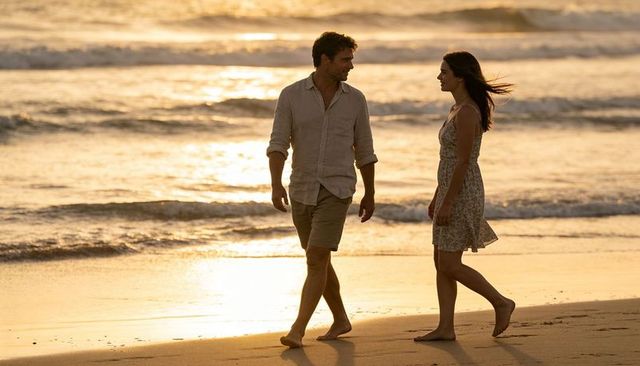 Couple walking on beach at sunset, golden light romantic stroll barefoot by ocean