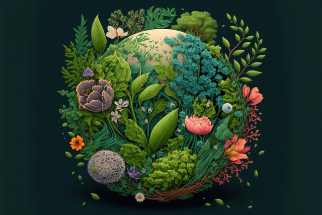 Globe with flowers overgrowing on black background, created using generative ai technology. Earth day and ecology concept digitally generated image.