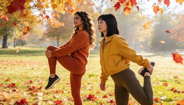 Two women stretching in autumn park balancing leg stretches among falling leaves