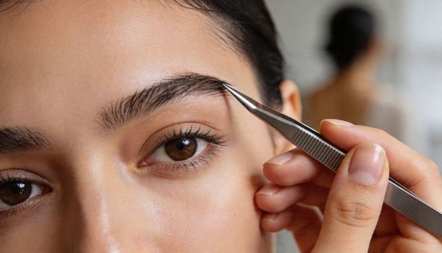 Closeup eyebrow grooming plucking single hair with angled tweezers for precise brow care