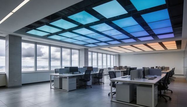 Modern open-plan office with color-changing led ceiling and minimalist white workstations